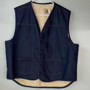 Carhartt Navy and Cream Sherpa-Lined Denim Vest - Could be Vintage